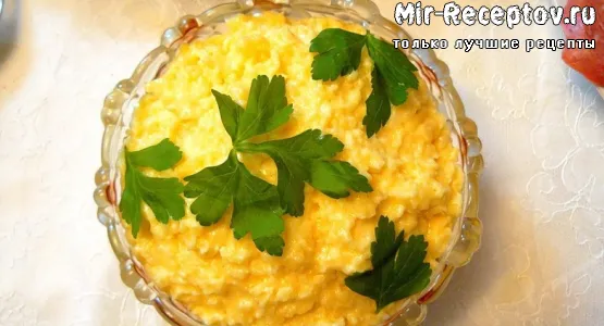 Салат из сыра с чесноком и луком
